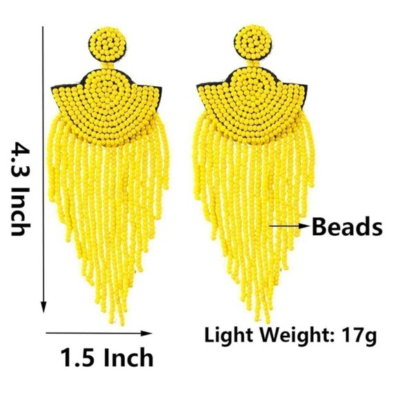 Long Boho Yellow Beaded Tassel Fringe Dangling Drop Fan Chandelier Post Earrings - Picture 4 of 7